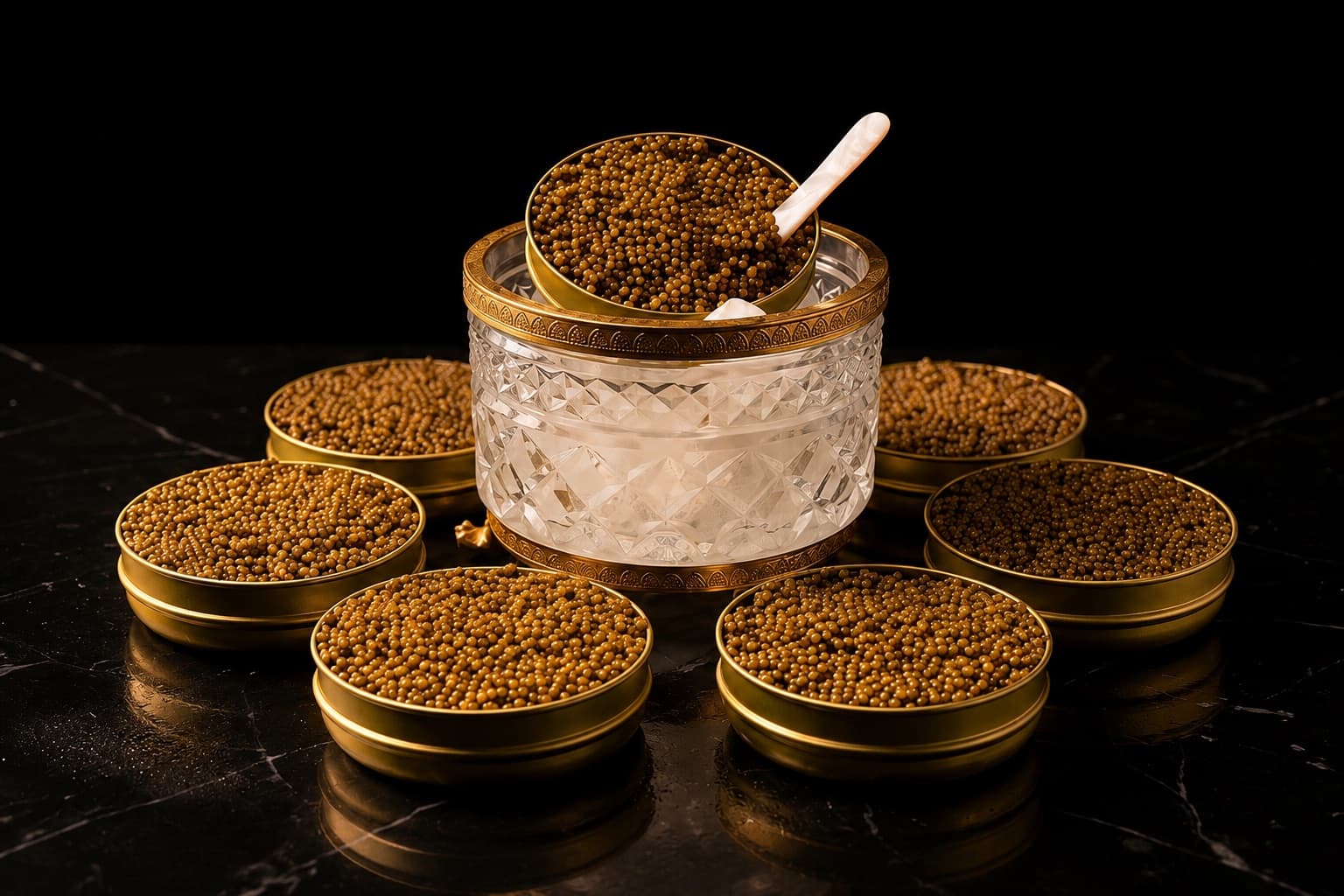 King Caviar — golden sturgeon roe in a crystal bowl and gold tins
